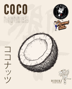 : Cóctel exótico Coco Highball con whisky Hibiki Suntory y diseño gráfico minimalista japonés